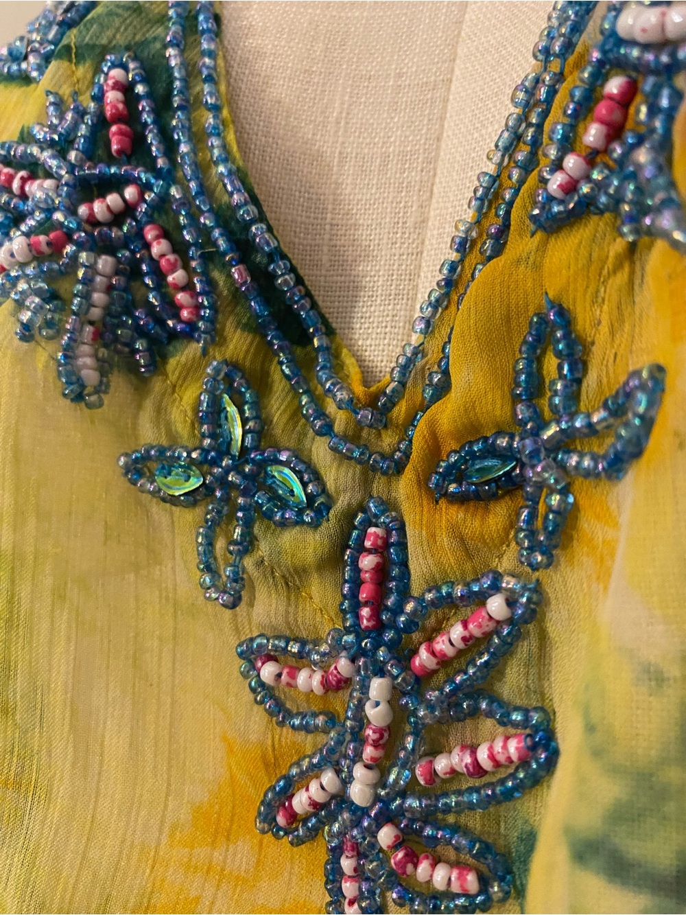 Aqua Blu Yellow & Green Embroidered V-Neck Tunic- Size Medium - Picture 4 of 7